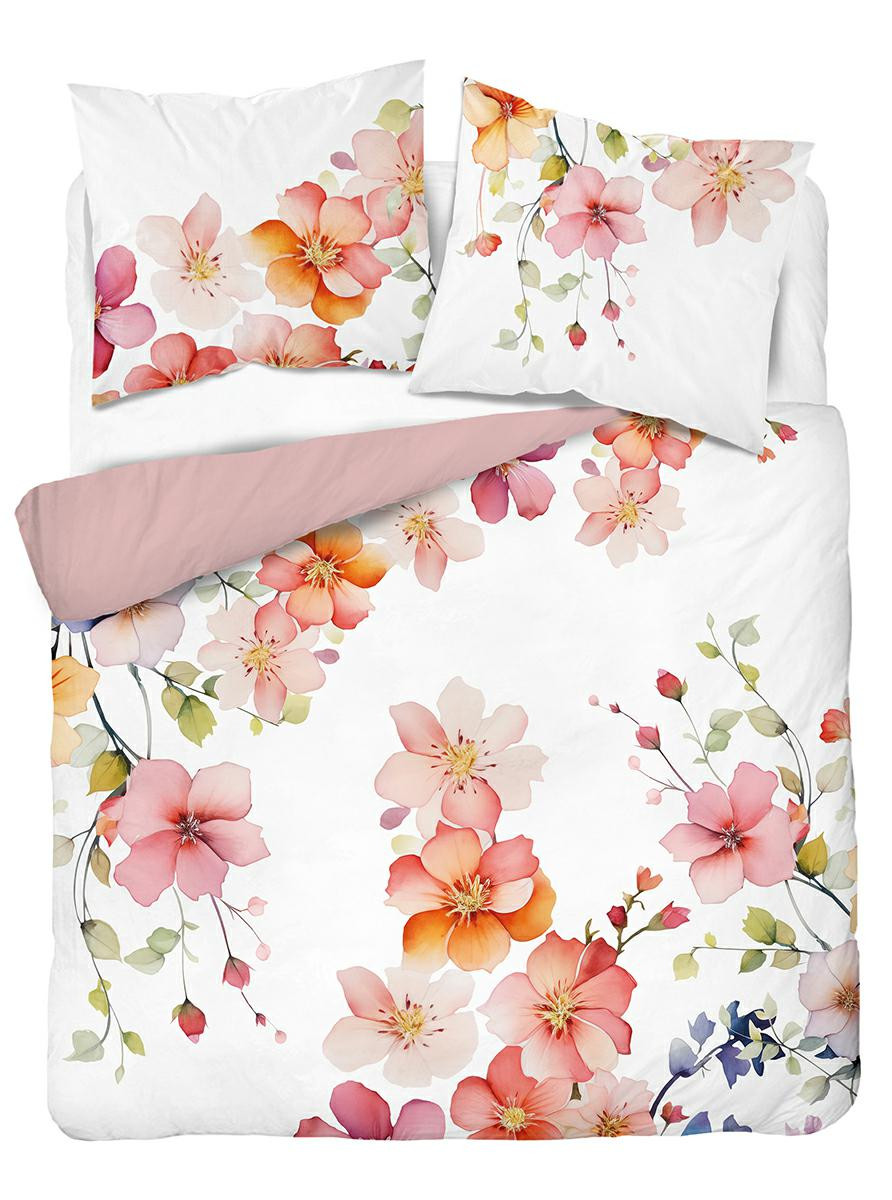 Pościel 160x200 biało-różowa w pastelowe kwiaty – 5837 A – Floral Elegance