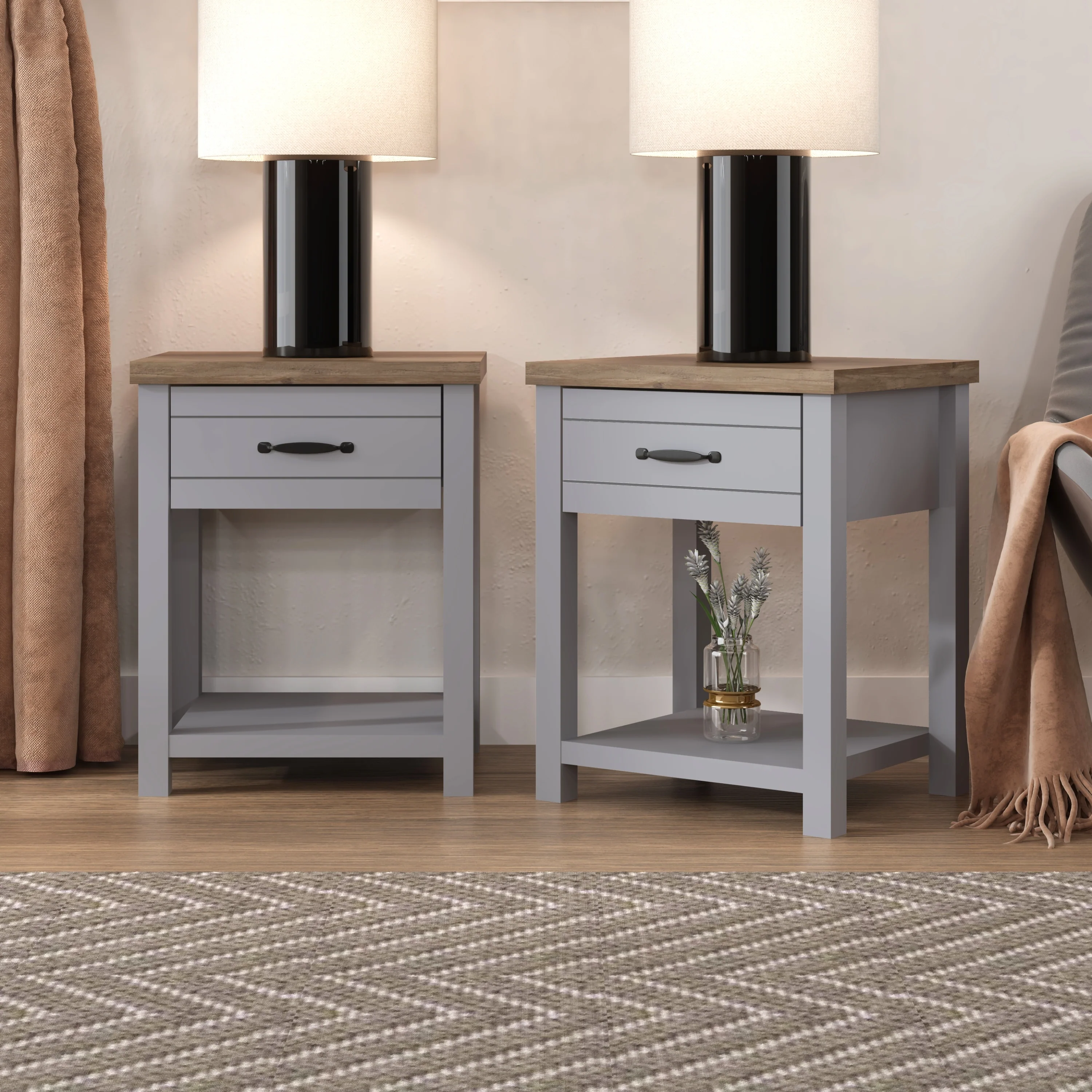 Milligan Wood Nightstand with 1 Drawer and Shelf, Set of 2