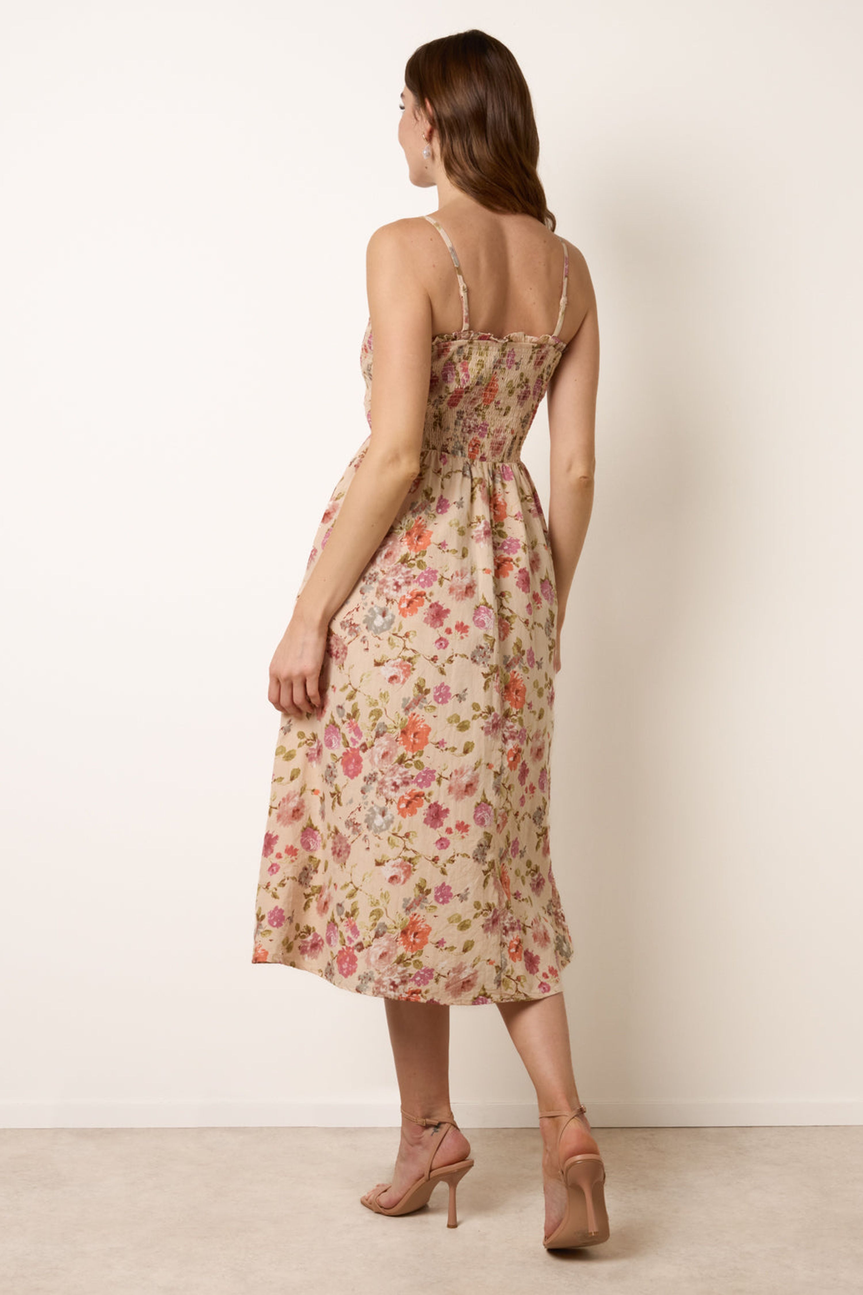 Blue Vanilla Multi Floral Shirred Strappy Midi Dress
