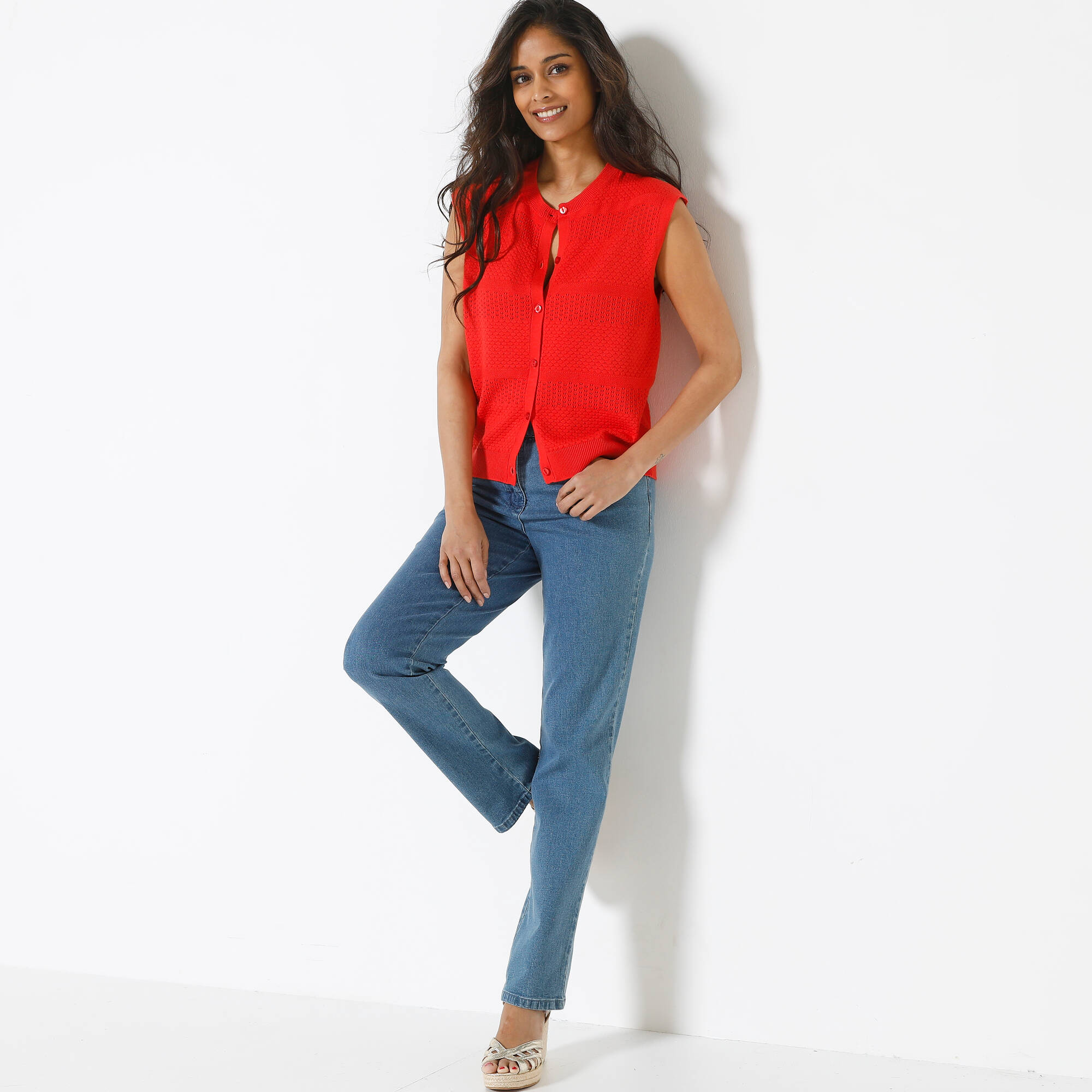 Gilet boutonné sans manches, maille ajourée