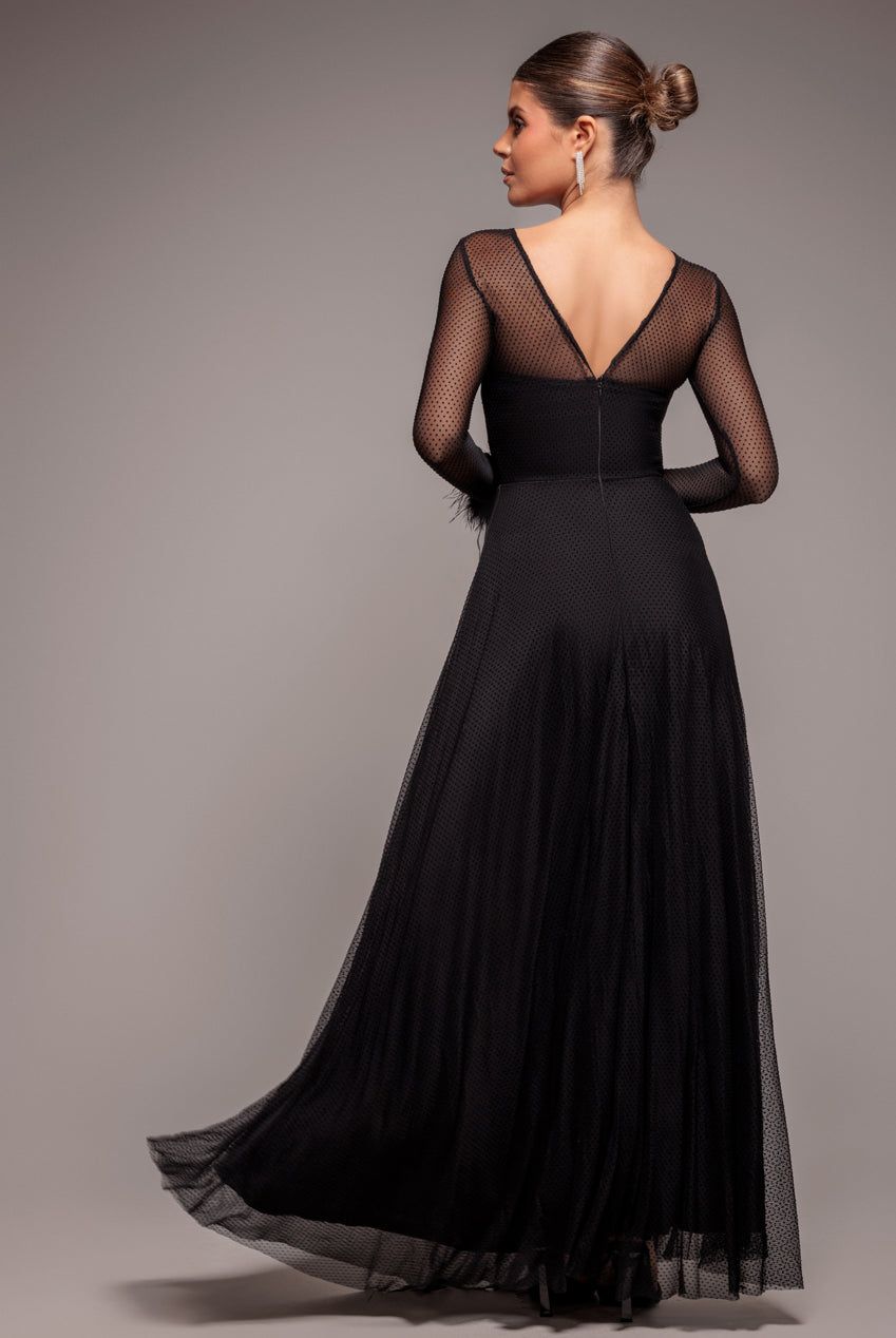 Goddiva Dobby Mesh Feather Sleeve Hem Maxi