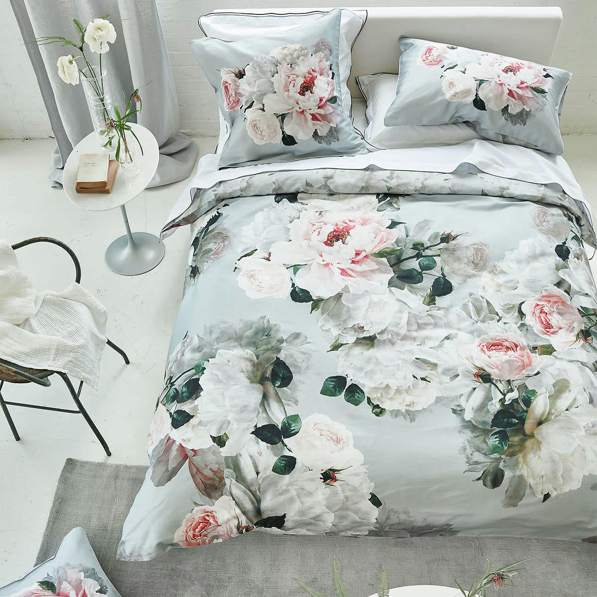 PEONIA GRANDE - Housse de couette imprimée en satin de coton gris