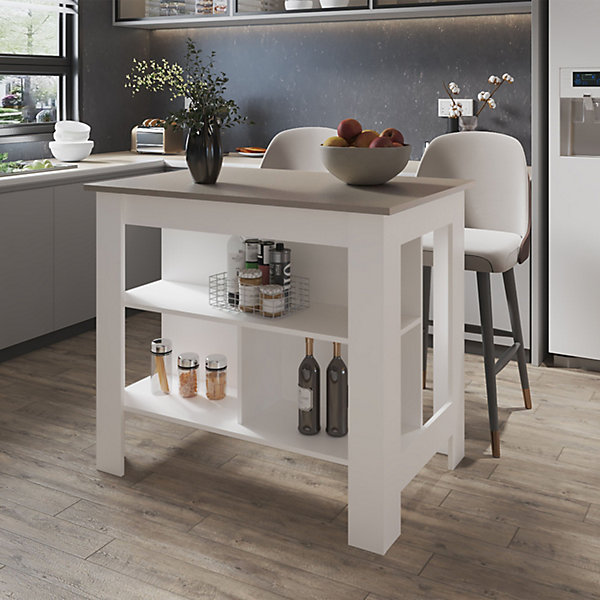 Ilot de cuisine Cala en mélaminé avec 3 étagères , Taupe / Blanc , 90 cm X 103 cm X 70 cm