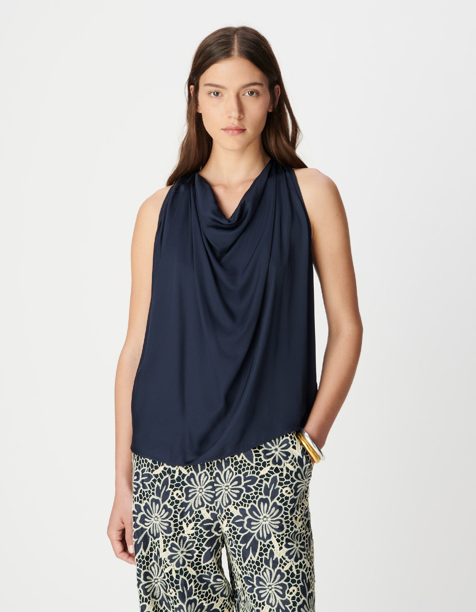 Top sans manches marine satiné Femme