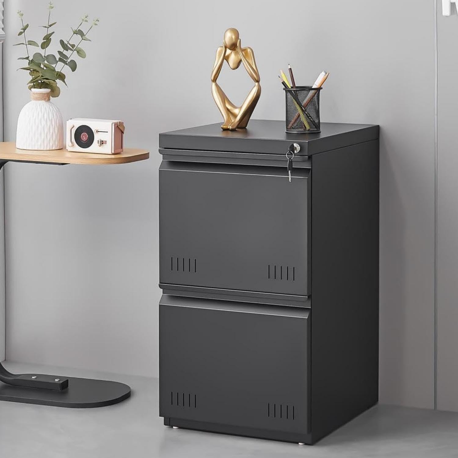 Guizeeopo 2 Drawer File Cabinet with Lock, Vertical File Cabinets for Home Office, Printer Stand, Heavy Duty Steel Office Storage Cabinet for Letter/Legal/A4, Assembly Required(Black)