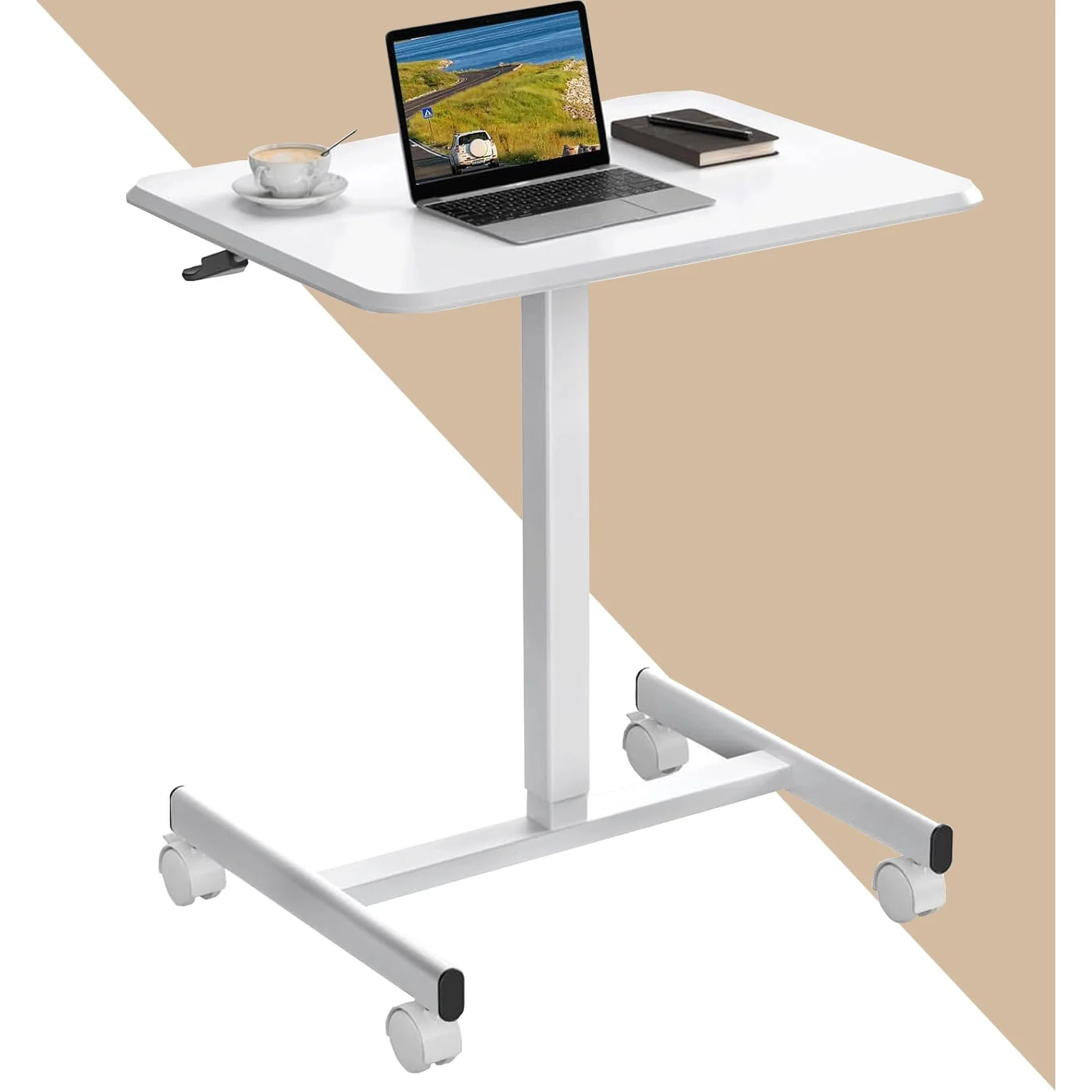 Small Standing Desk Mobile Portable Rolling Laptop PC Table on Wheels Adjustable Height Computer Workstation for Home Office