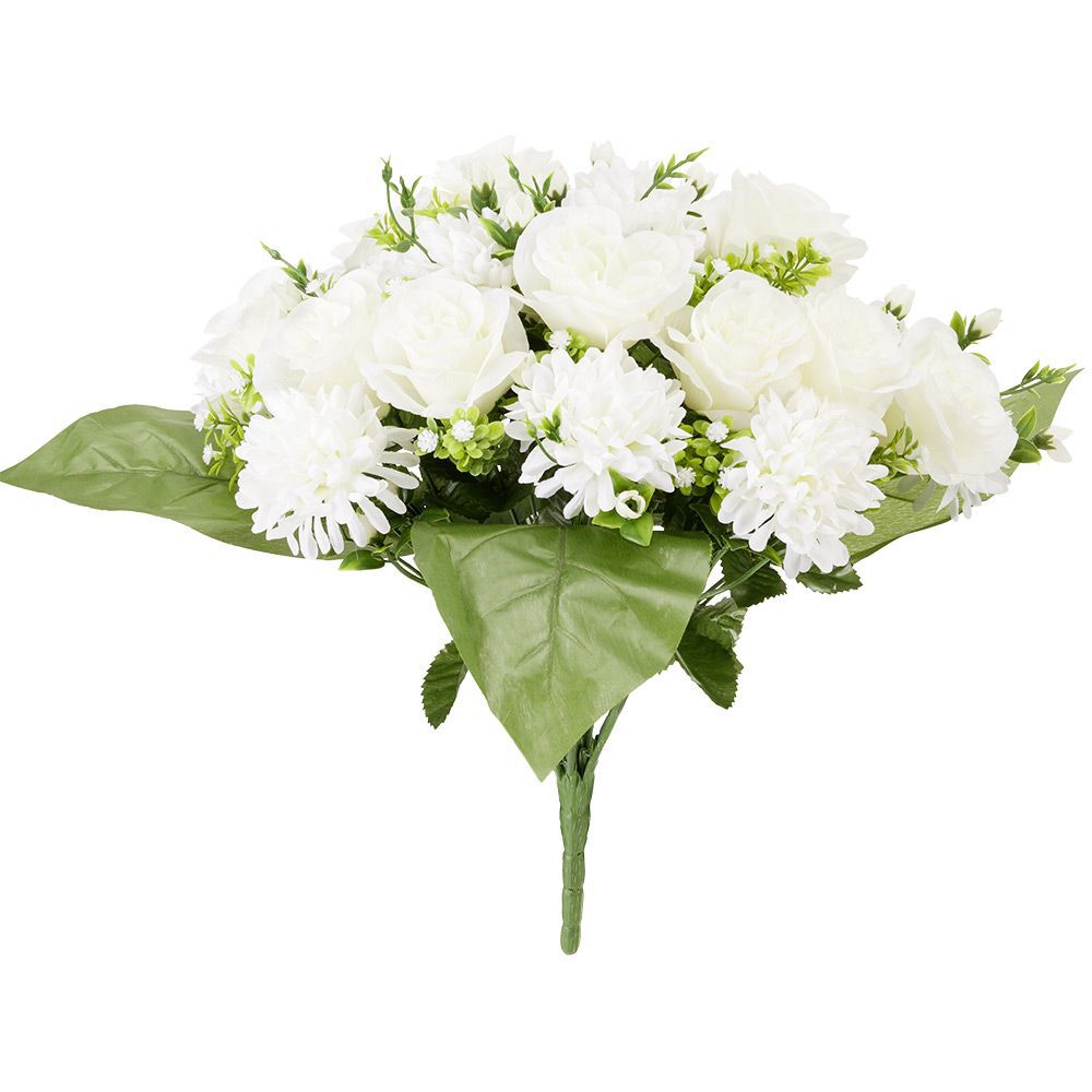 Piquet de rose et chrysanthème blanc bouquet fleur artificielle H42cm
