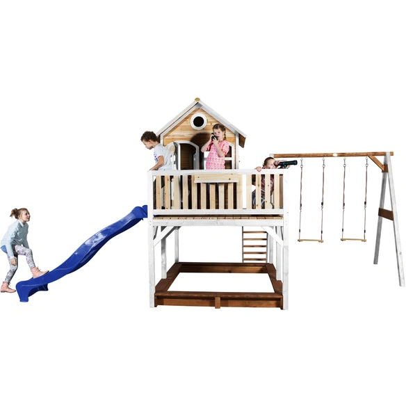 Kinderspielhaus »Liam«, BxHxT: 613 x 291 x 277 cm, Holz, braun/weiß/blau