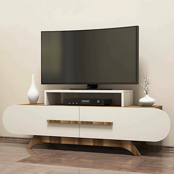 Meuble TV Nesat, Buffet de salon, Armoire basse pour TV, Base murale de rangement, 145x37 h50 cm, Noyer et Crème