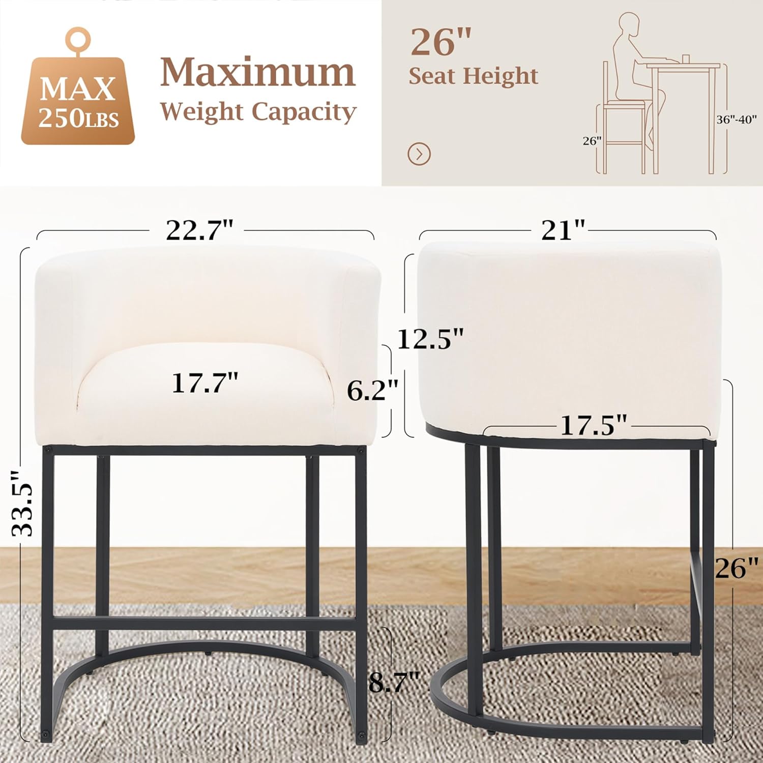 ClinQ 26 H Counter Height Bar Stools Set of 4, Modern Barrel Counter Stools with Backrest and Arms, Black Metal Frames,Linen Fabric Upholstered Accent Barstools for Kitchen Island,Beige