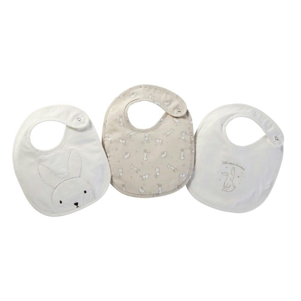 BULLE - 3 bavoirs en coton écru, blanc et taupe