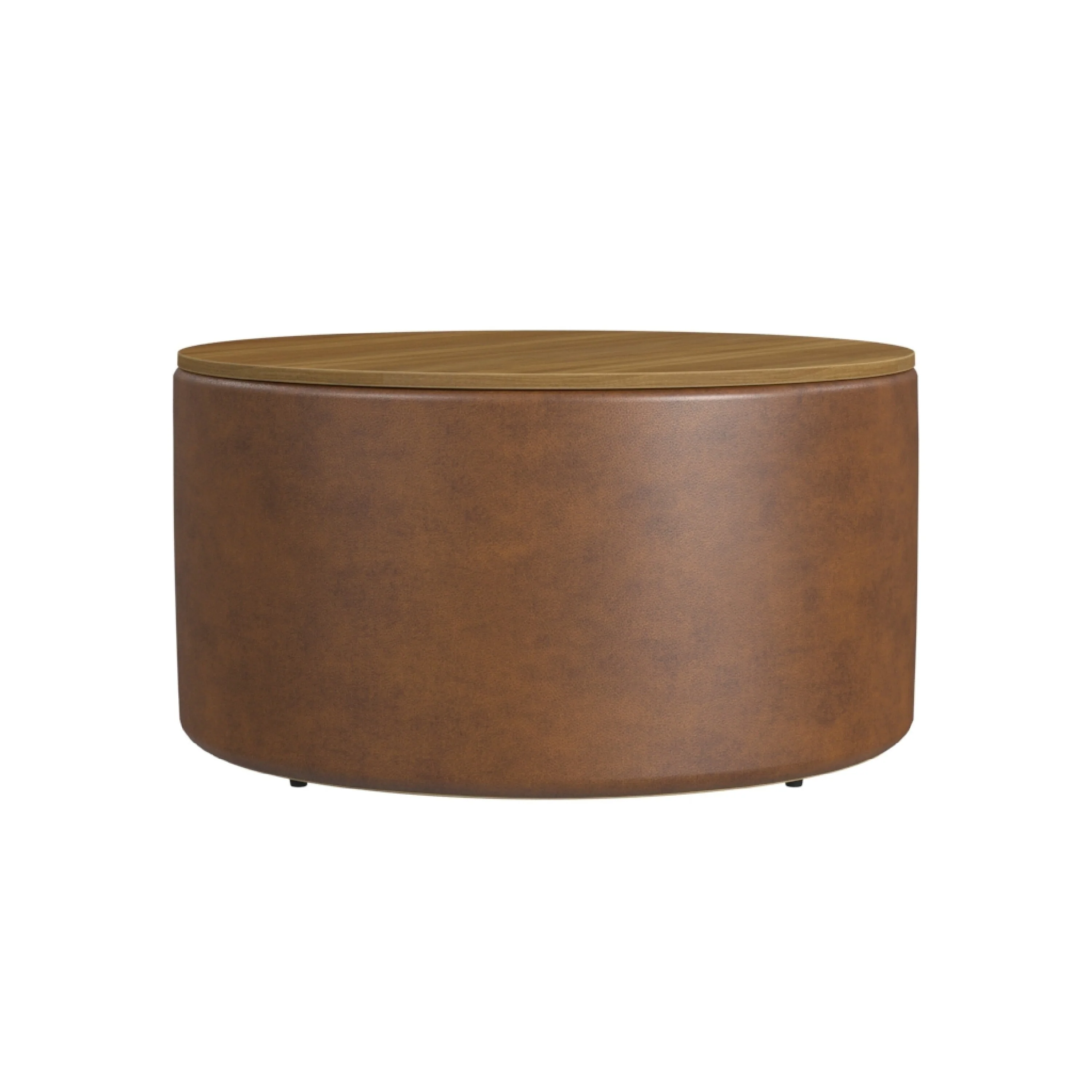 Mesy Storage Ottoman, 30 Inch Round Lift Tray Top, Brown Faux Leather
