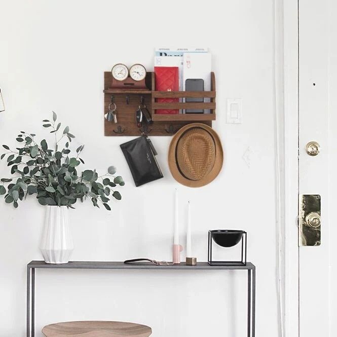 Wallniture Horta Wood Entryway Key Holder and Mail Organizer with Hooks