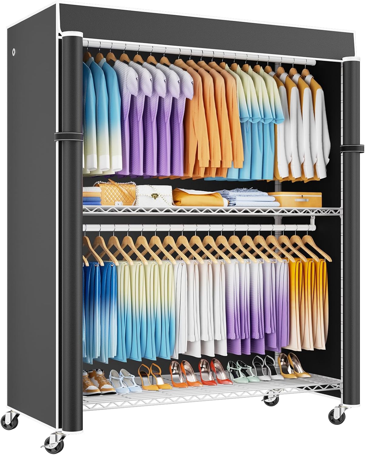 ULIFHOME P8C Max Heavy Duty Clothes Rack（With Extended Width Design） Rolling Clothing Racks for Hanging Clothes with Lockable Wheels，51.2W x 15.8D x 80.5H，Load 700LBS，White Rack with Black Cover