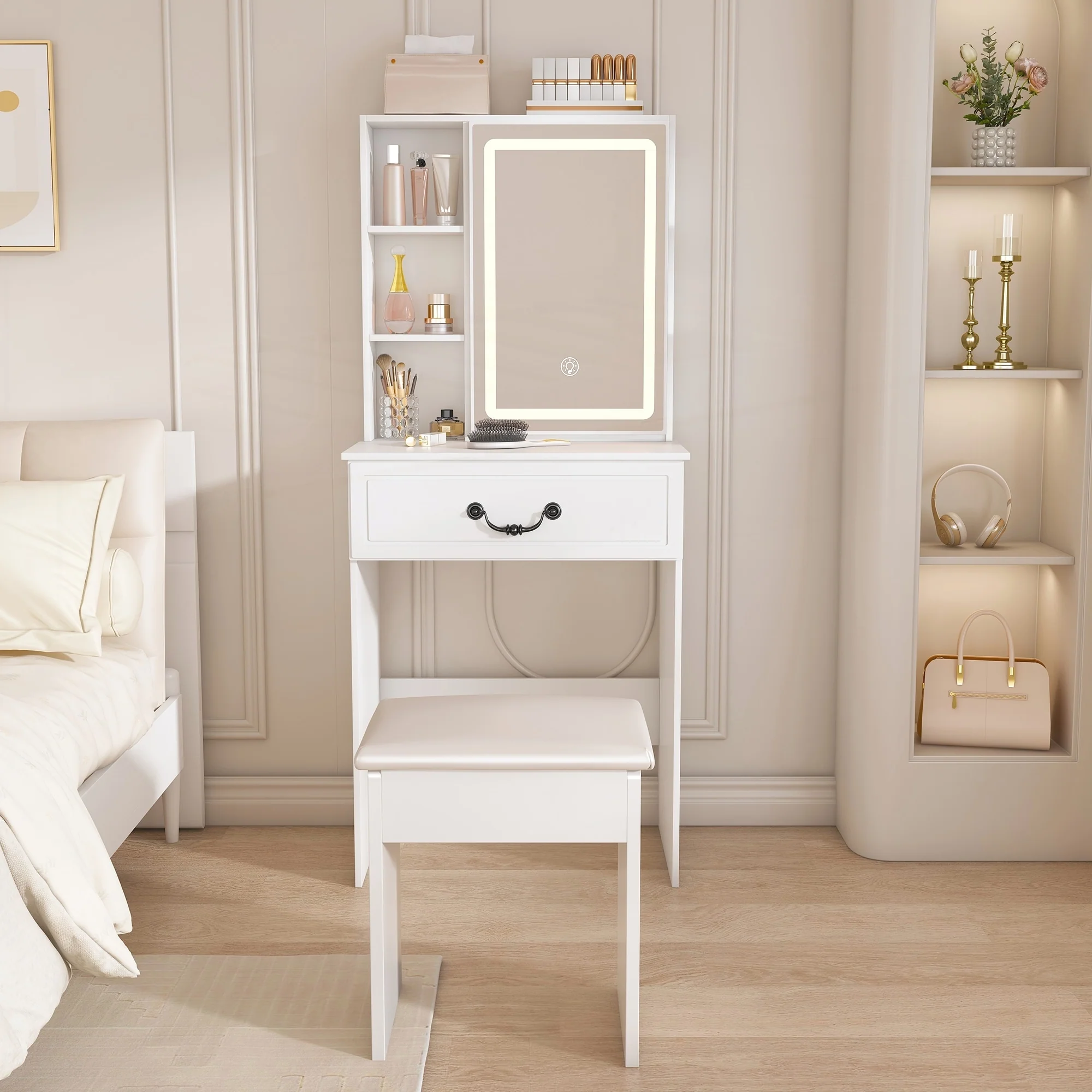 Modern Mini Dressing Table with LED-lit Mirror