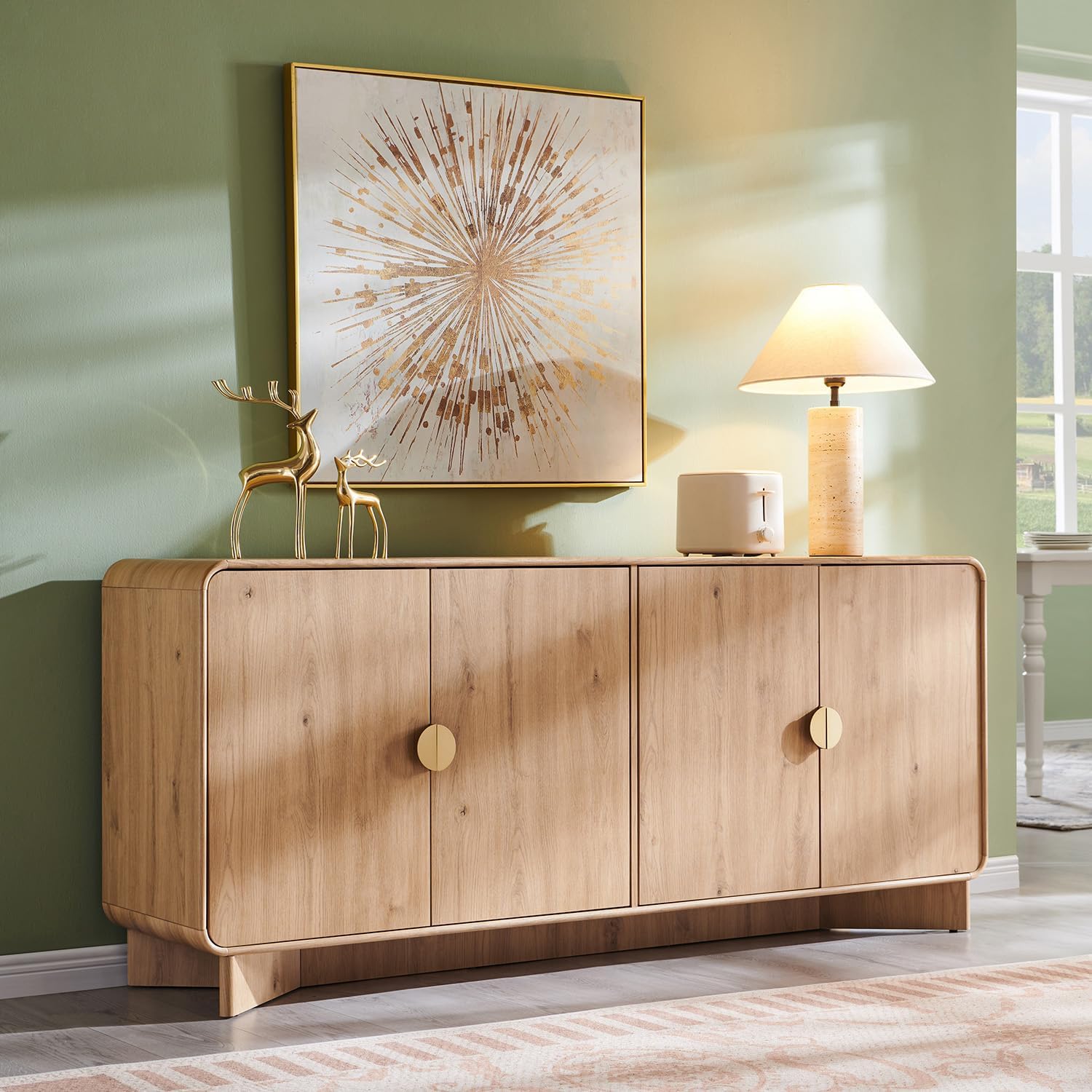 Modern Buffet Cabinet with Storage, 70 Large Sideboard Buffet Storage Cabinet with 4 Doors and Adjustable Shleves, Wooden Curved Coffee Bar for Dining Room, Kitchen, Living Room, Natural Oak