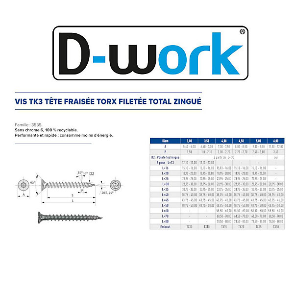 500 Vis Bois TK3 Tête Fraisée Crantée Torx F/Total 4 x 20 mm - Zingué blanc - D-Work