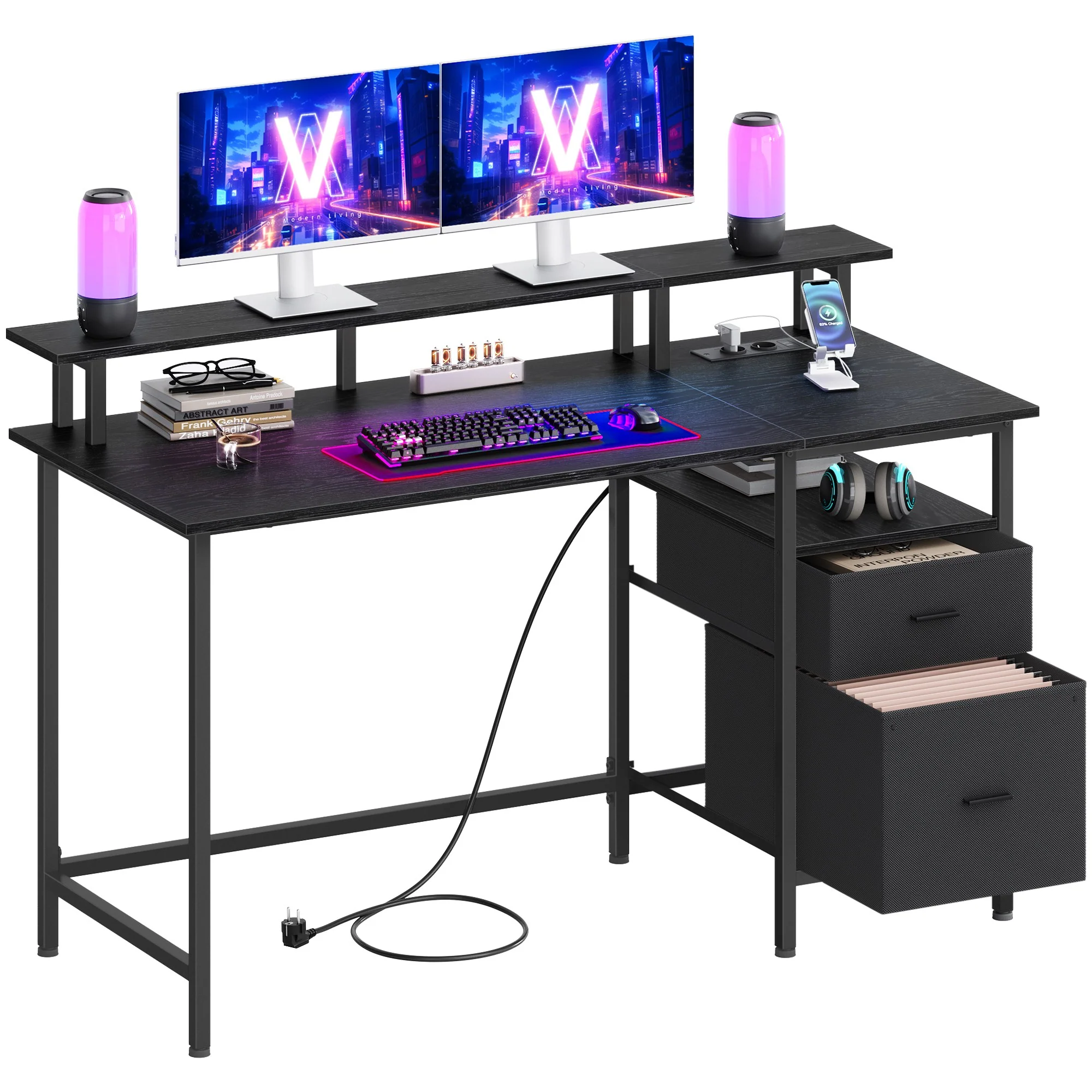 Bureau gaming avec lumières led et multiprise 2 tiroirs 2 ports usb