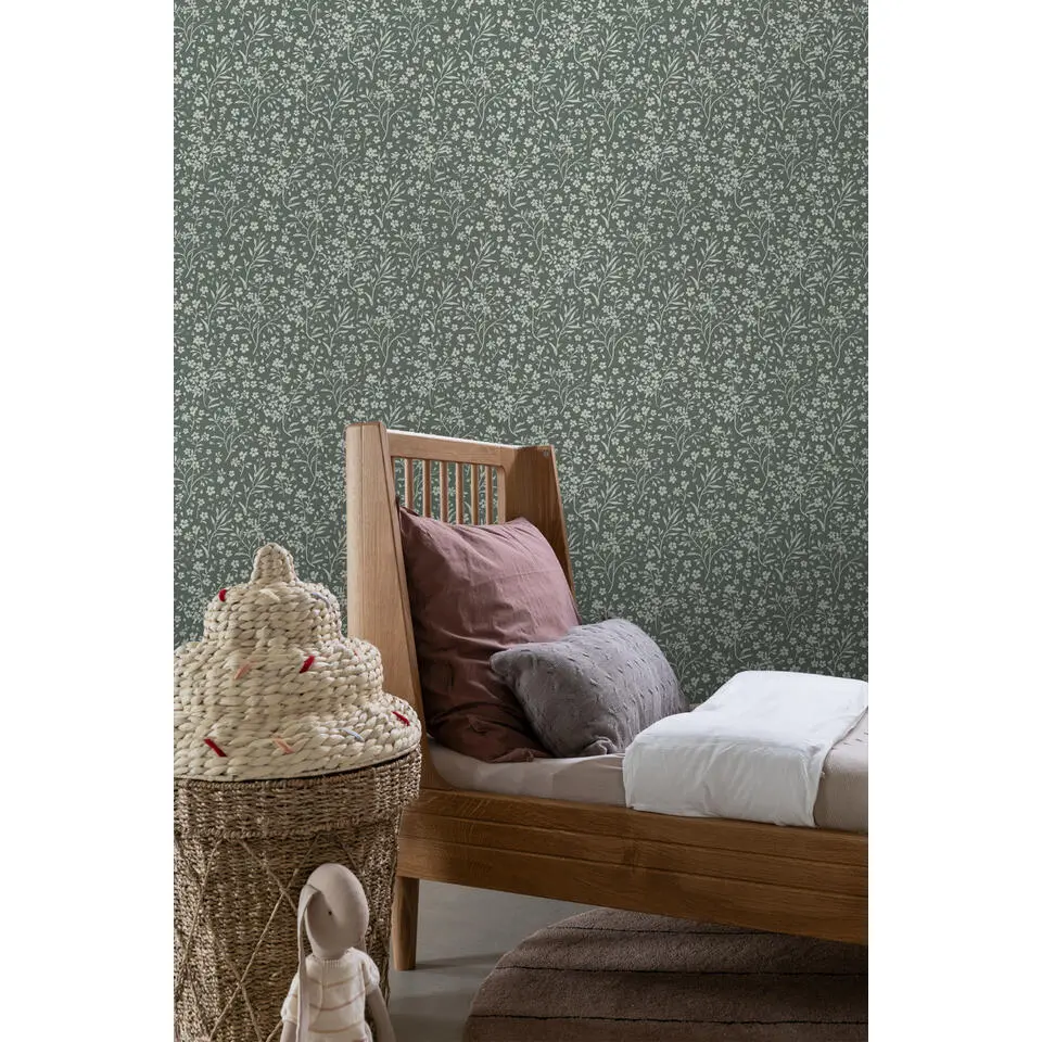 ESTAhome behang bloemetjes vergrijsd groen - 53 cm x 10.05 m