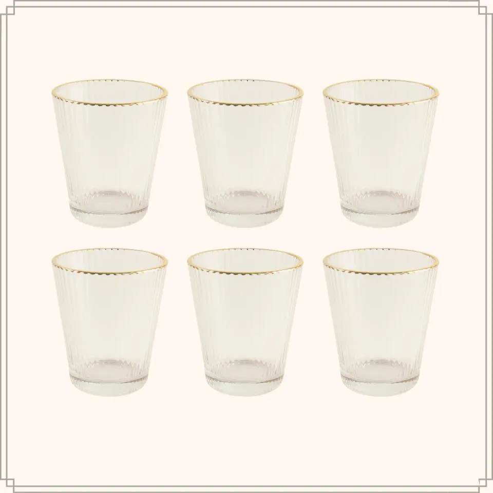 OTIX Waterglazen Set van 6 Stapelbaar 350 ml Met gouden rand Reli?f Ribbel