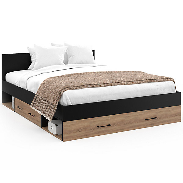 Lit double MINEA avec tiroirs   niches de rangement   tête de lit et sommier 140 x 190 cm façon hêtre et noir