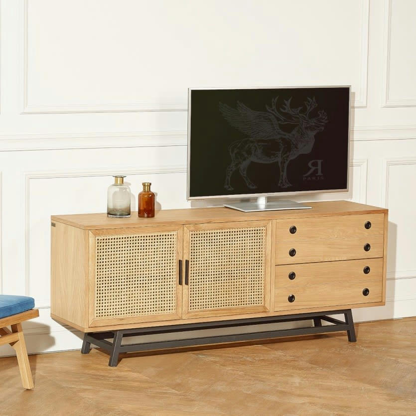 LALALA - Buffet bas en chêne cannage et métal noir mat L 170 cm