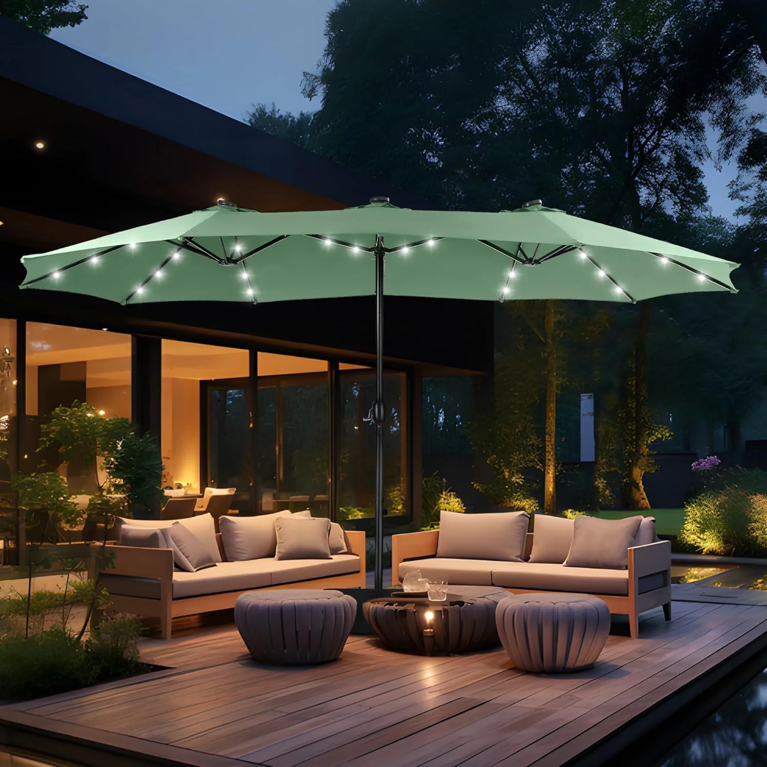 15ft Double Sided Patio Umbrella with Solar Lights, Outdoor Large Umbrellas with Crank Handle and 36 LED Lights, Rectangular Market Umbrella with Base Included for Deck Pool Shade(Smoky Gray)