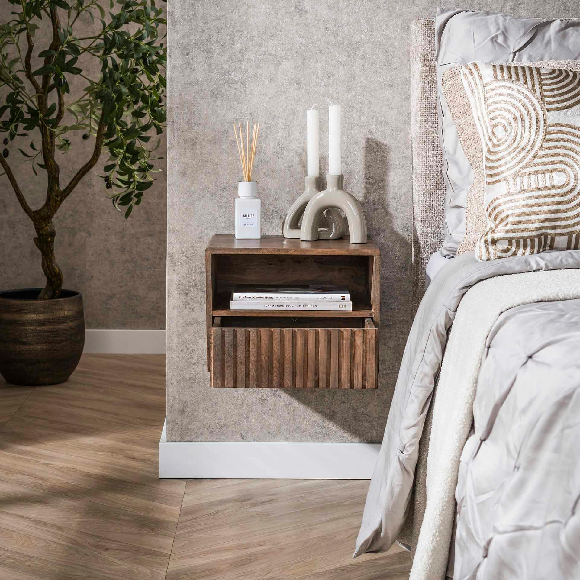 Table de chevet murale bois brun, tiroir & niche NAKO