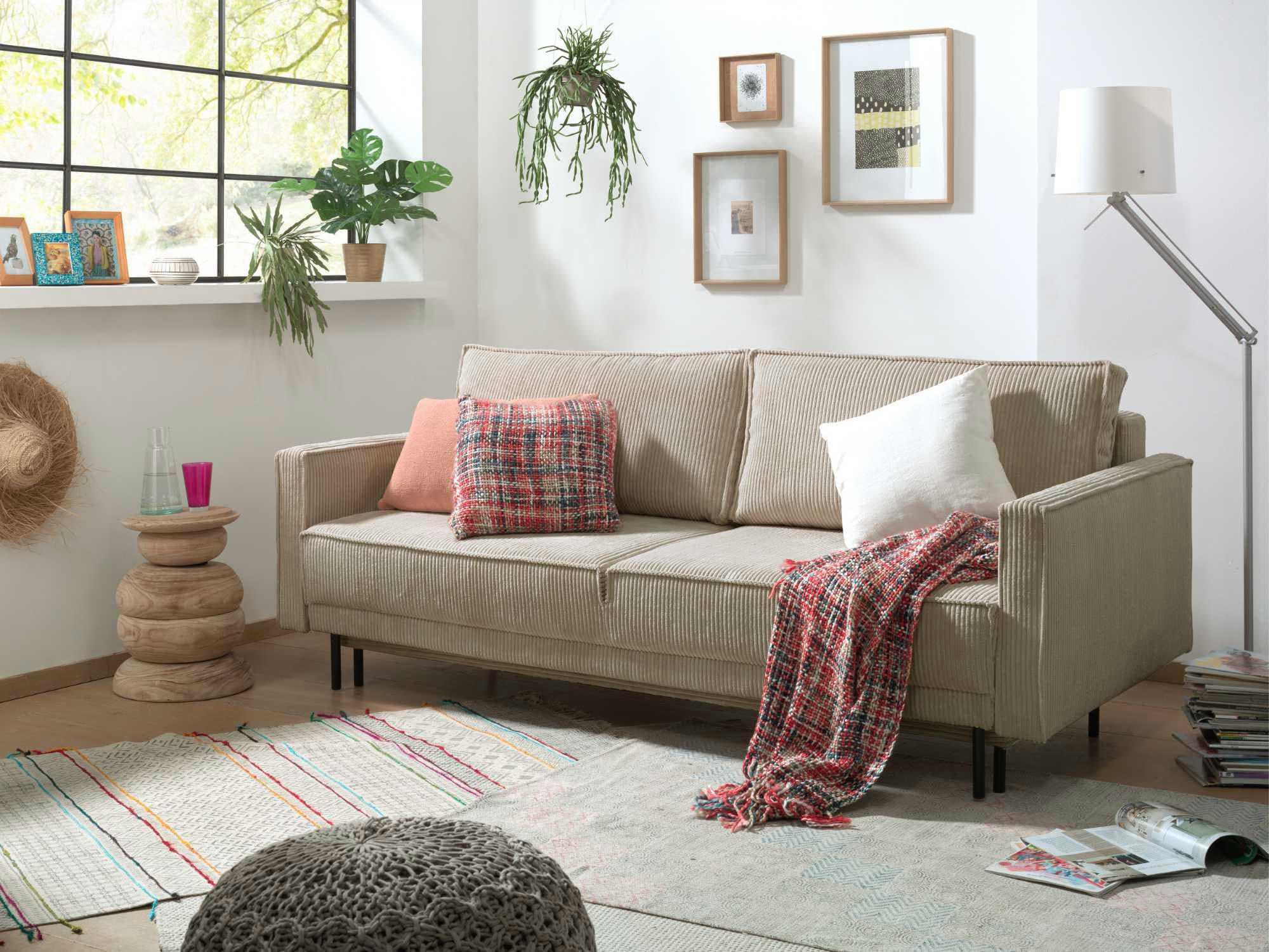 CHARLIE - Canapé droit convertible 3 places en velours côtelé beige