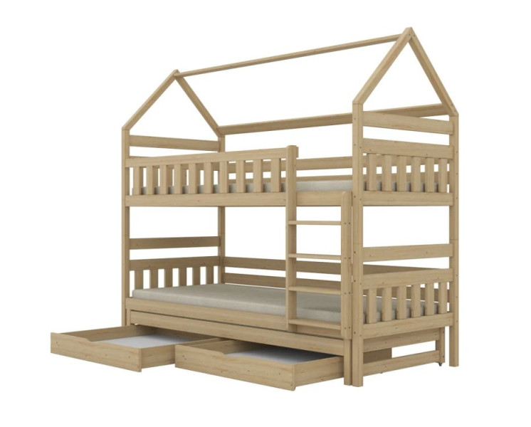 Łóżko piętrowe domek FELIKS 160x80 sosna nielakierowana 3-os. z szufladami