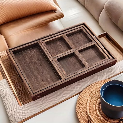 NNETM Rustic Wooden Tray Set with Handles (7pcs)