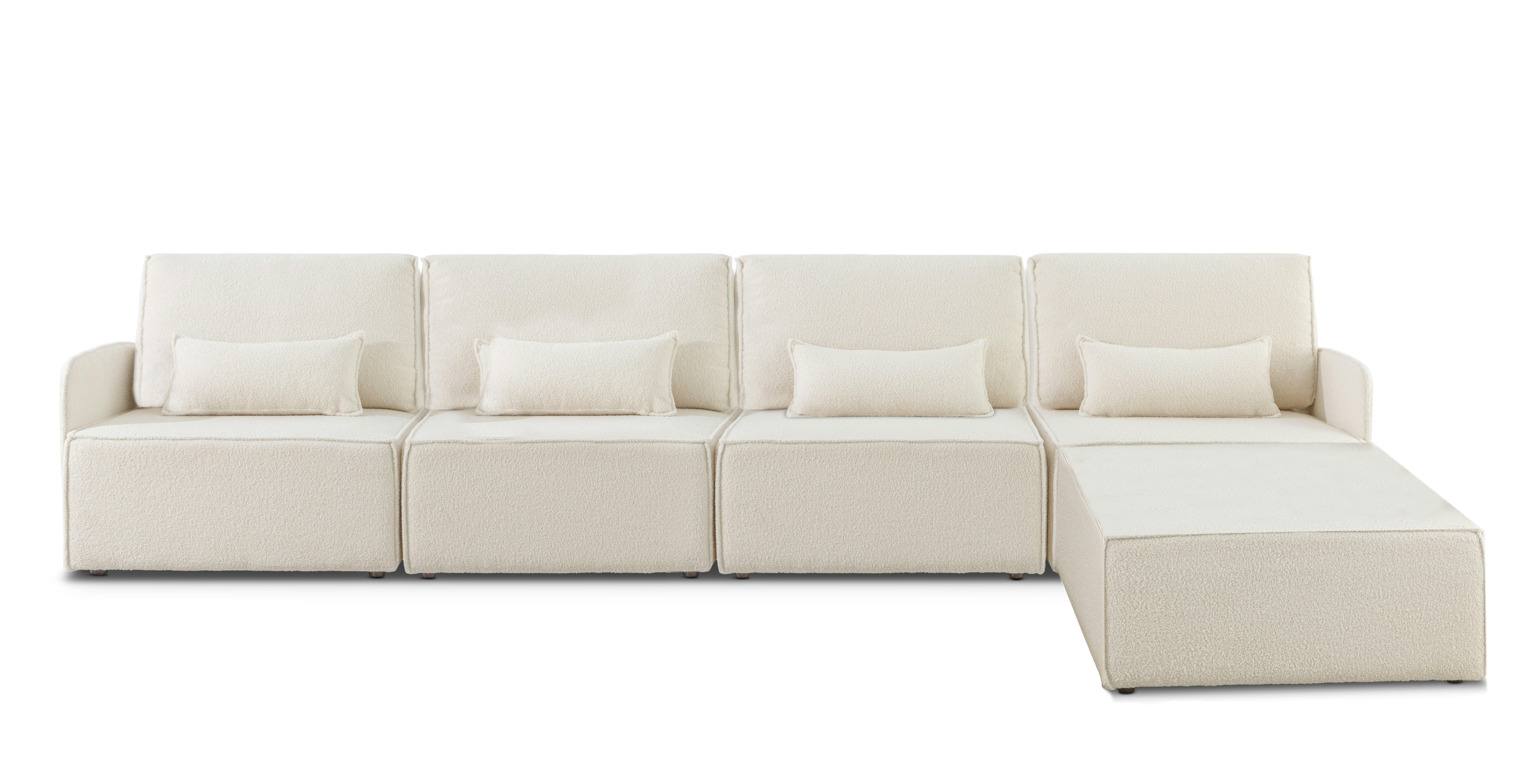 LEA - Canapé 4 places chaise longue en bouclé et en pin Blanc Neige