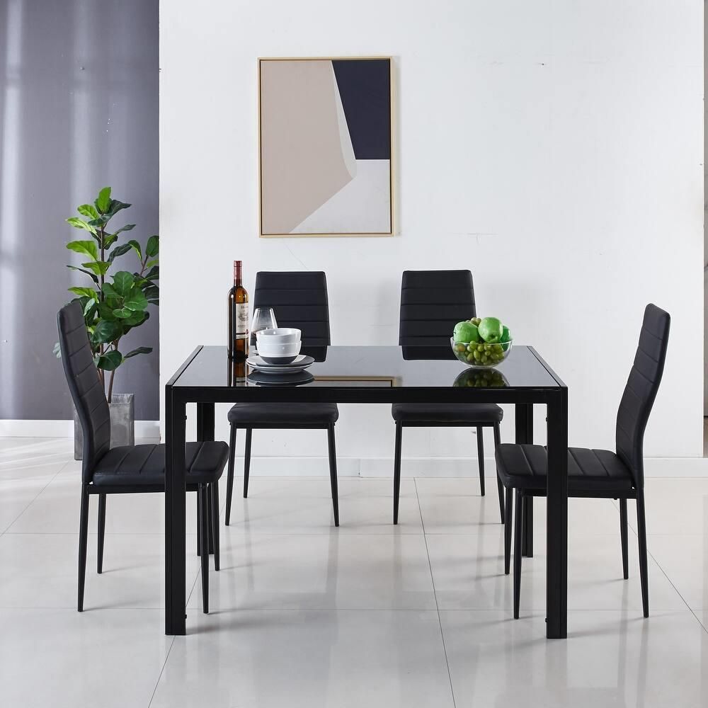 KOSY KOALA Black Glass Table and 4 Black Faux Leather Chairs Set Dining Furniture