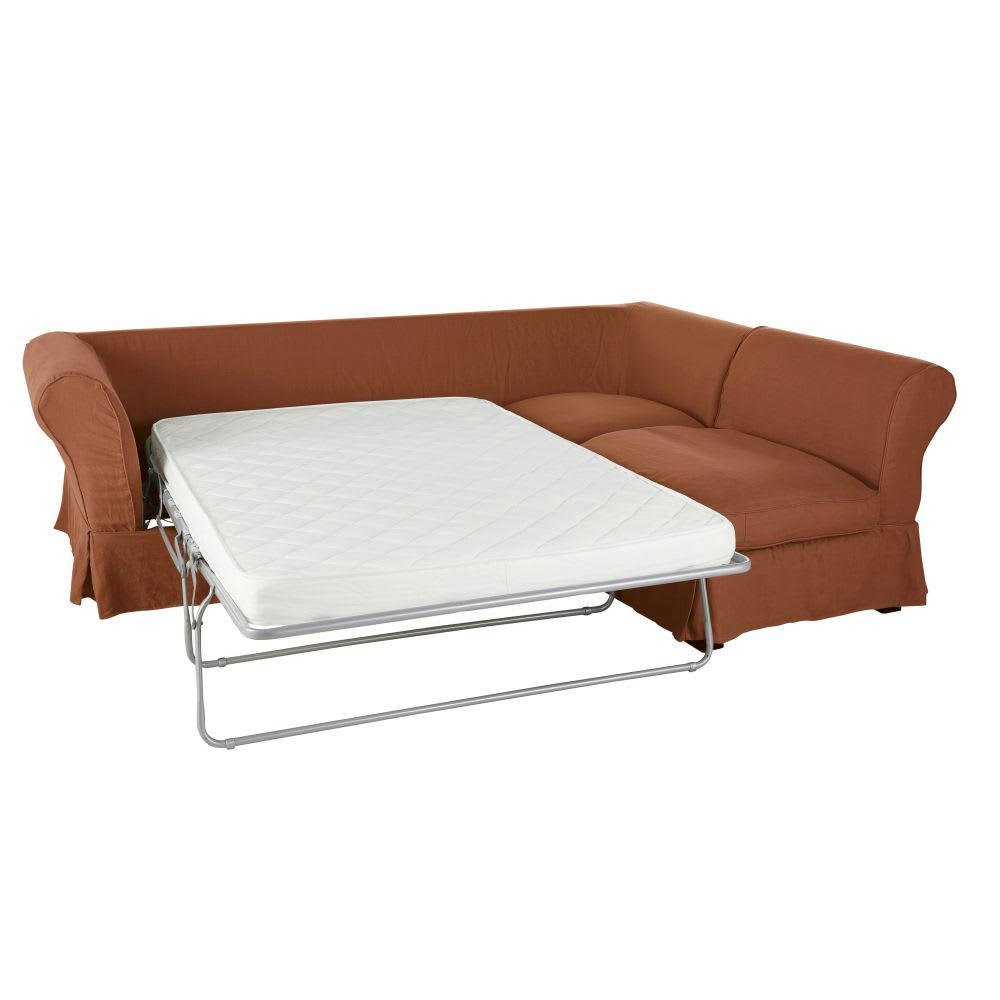 Roma - Housse de canapé d'angle convertible 5 places (matelas 12 cm) en lin froissé orange de Sienne