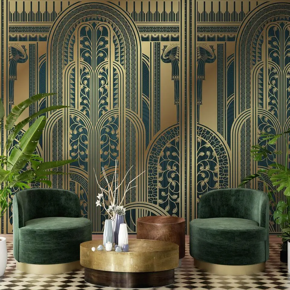 Sanders & Sanders fotobehang art deco bogen goud en groen - 424 x 280 cm