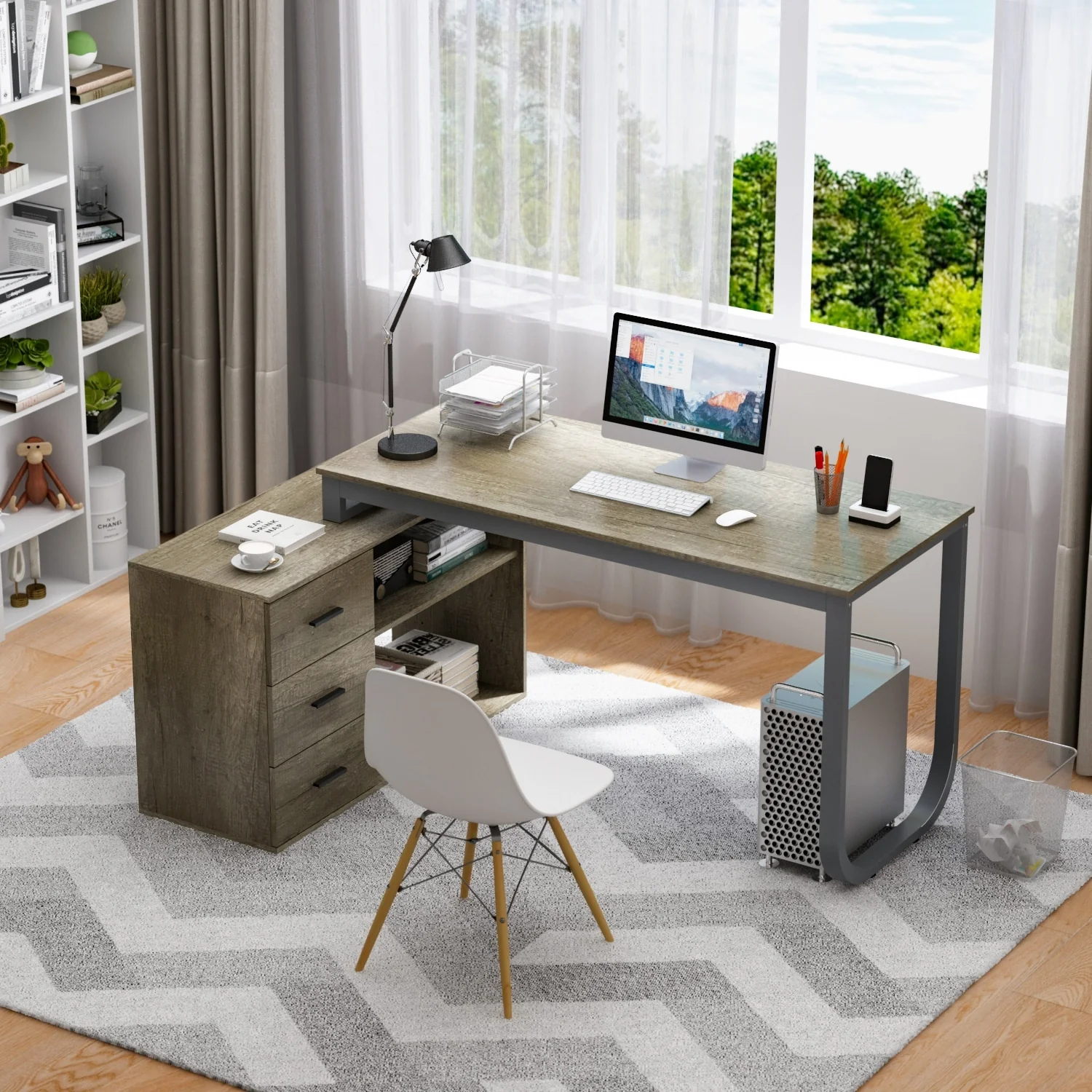 3-Drawer L-Shape Executive Desk Computer Tables With Storage Cabinet