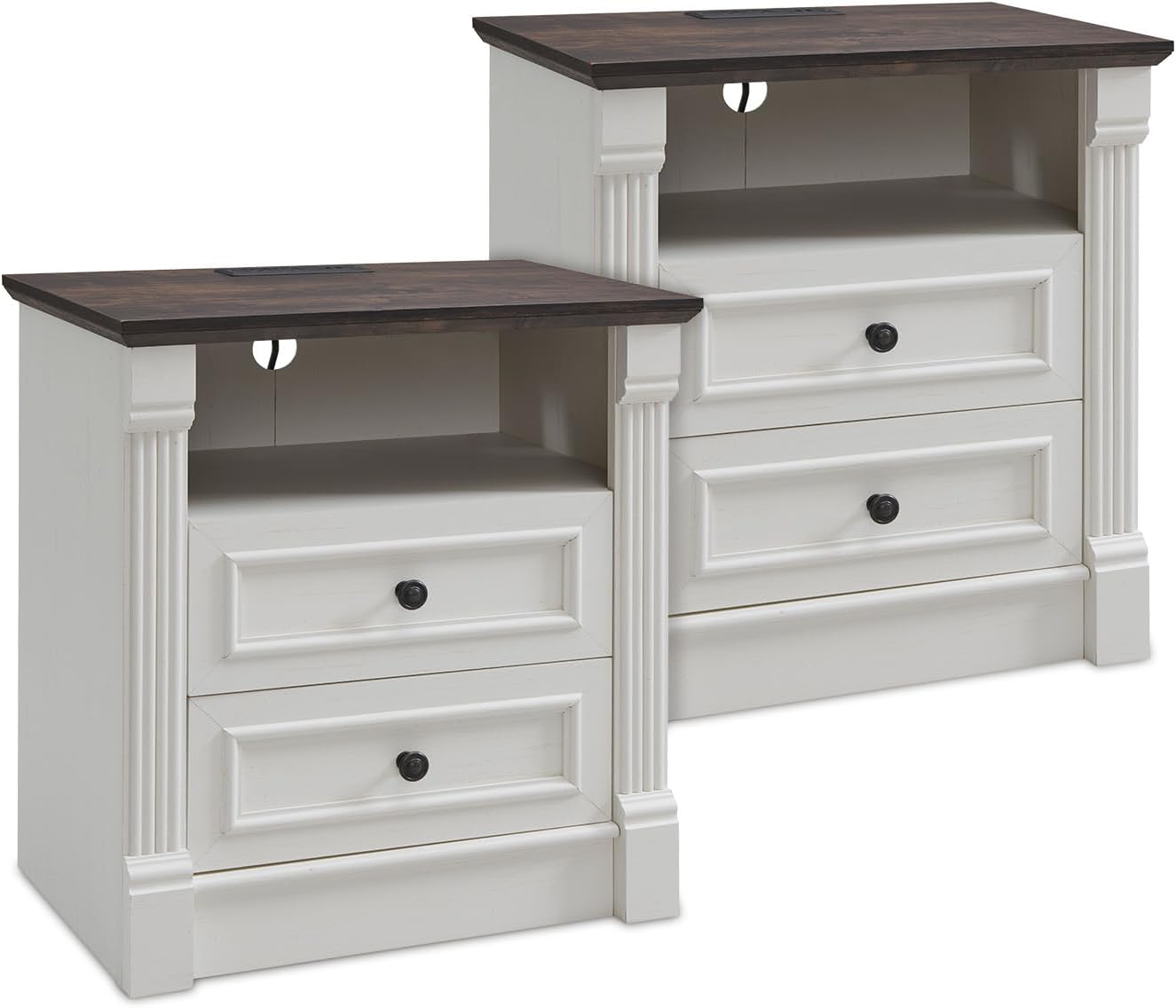 26 Tall Farmhouse Nightstand Set of 2, 2 Drawers End Table w/Charging Station, 23.6 Wide Large Side Table w/Roman Column, Wood Rustic Sofa Table w/Open Shlef, Bedside Table for Bedroom, White