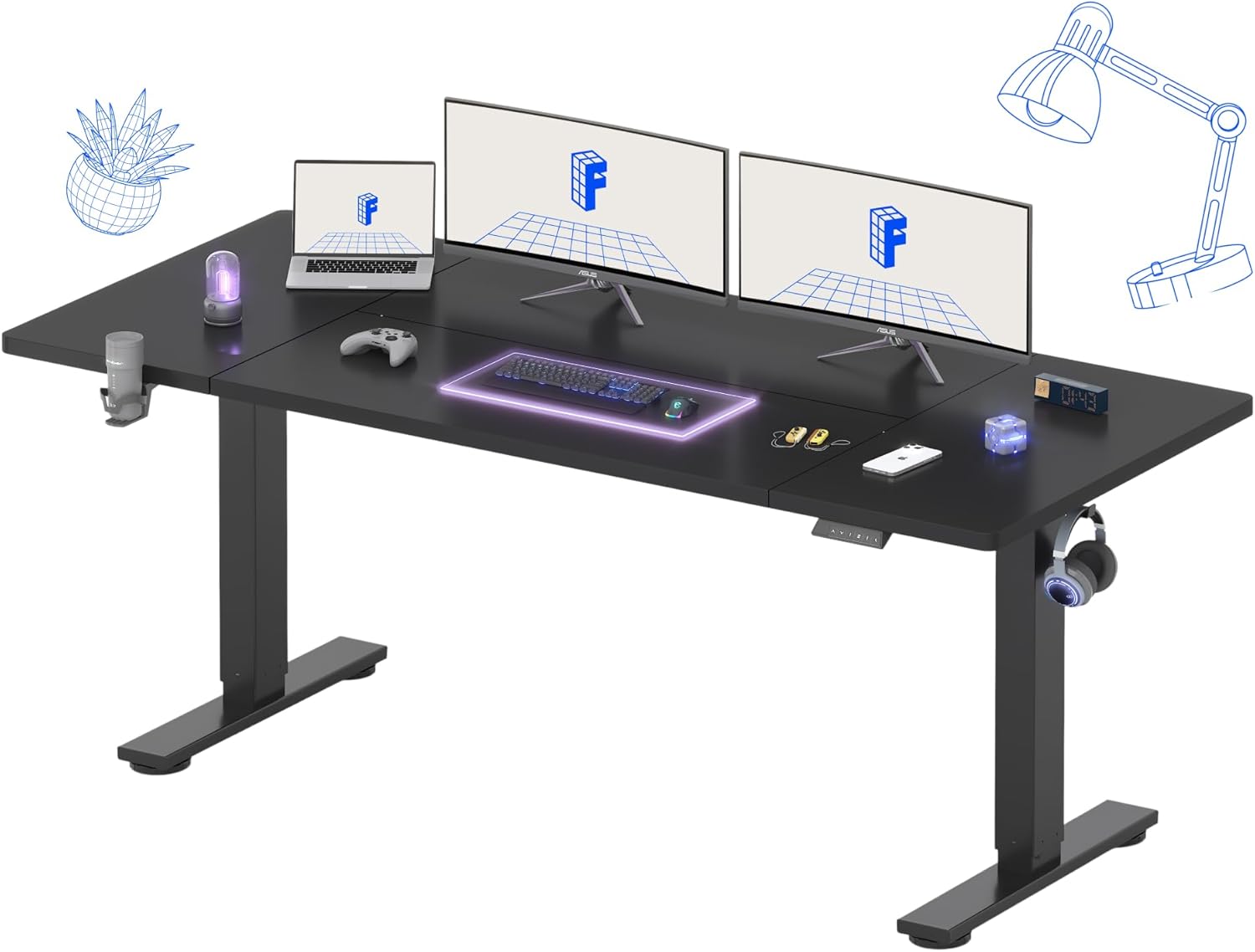 FLEXISPOT 71x32 Inch Electric Large Standing Desk for Home & Office, Spacious Splice Board Desk with Cable Management & Organizer, Cup Holder & Hook, Black