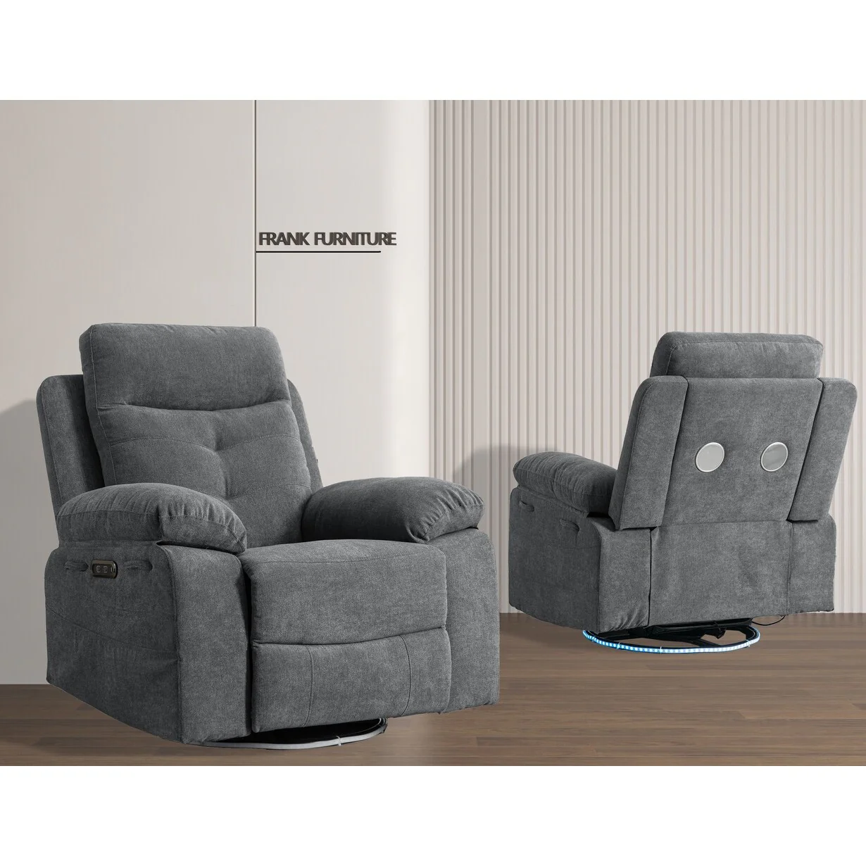 Power Recliner Glider Chair With Bluetooth Speaker 270 Degree Swivel With LED Light Side Arm With Storage Pockets
