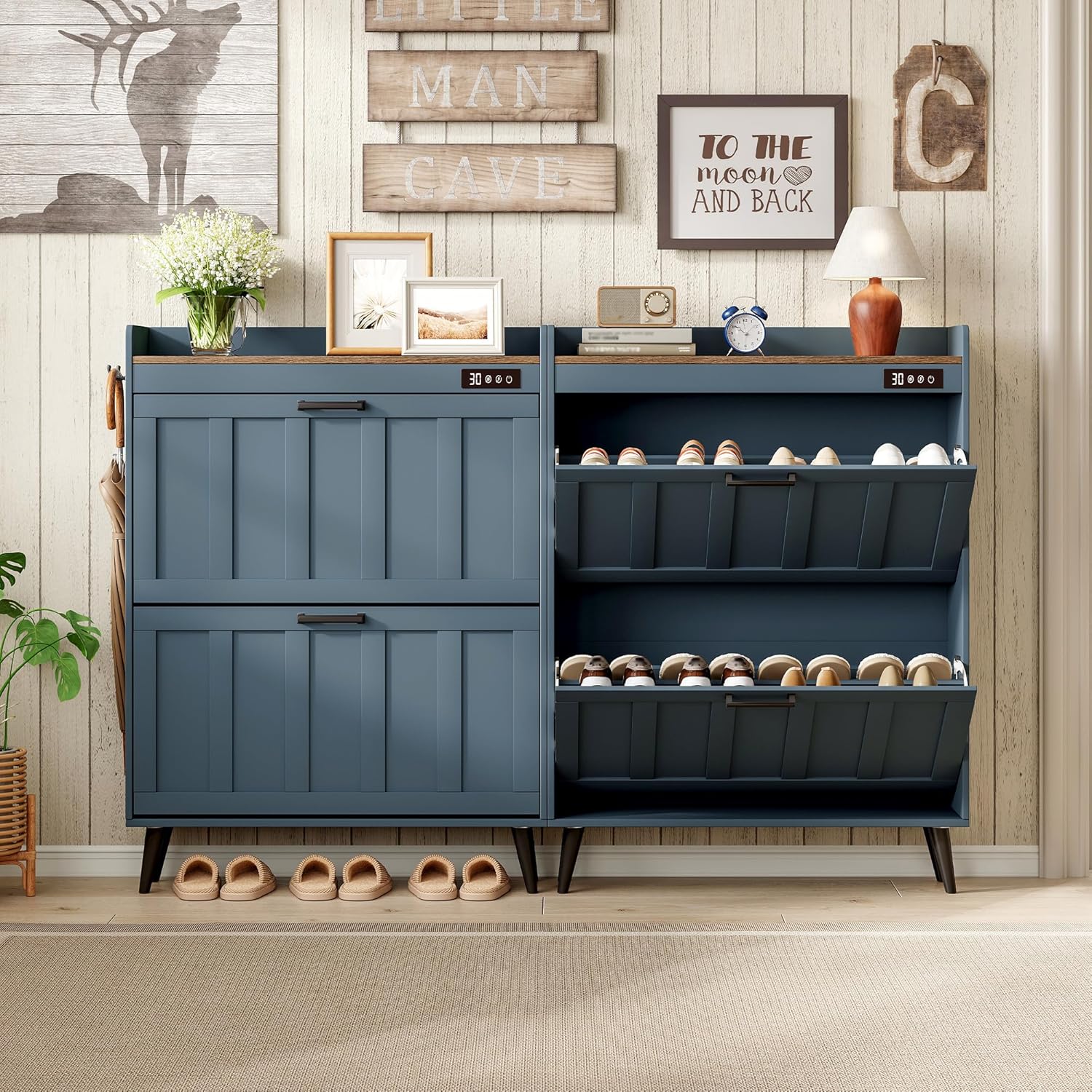 ChooChoo Shoe Storage Cabinet with 2 Flip Drawers, Deodorizing Shoe Organizer Storage for Entryway, Freestanding Hidden Slim Narrow Shoe Rack Cabinet, Blue