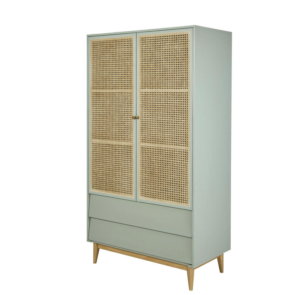 Suzelle - Armoire 2 portes 2 tiroirs bleu gris cannage en rotin
