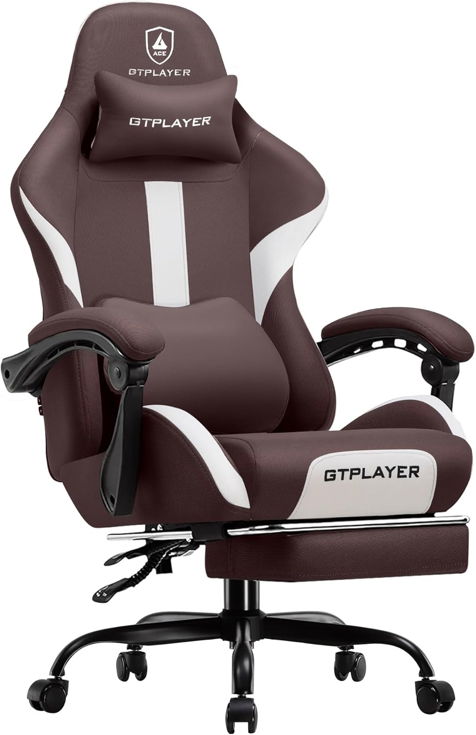 GTPLAYER Gaming Chair with Foot Rest & Pocket Spring Cushion, Breathable Fabric for Home Office Desk, Ergonomic High Back Computer Chair with Headrest & Lumbar Support, Brown