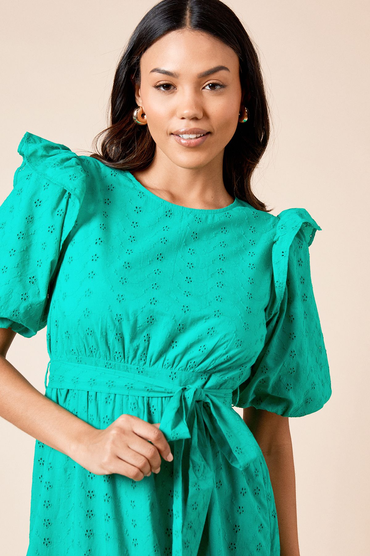 Dorothy Perkins Cutwork Ruffle Sleeve Puff Sleeve Midi Dress