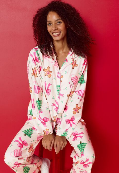 Womens Pink Gingerbread Bow Christmas Family Pyjama Set