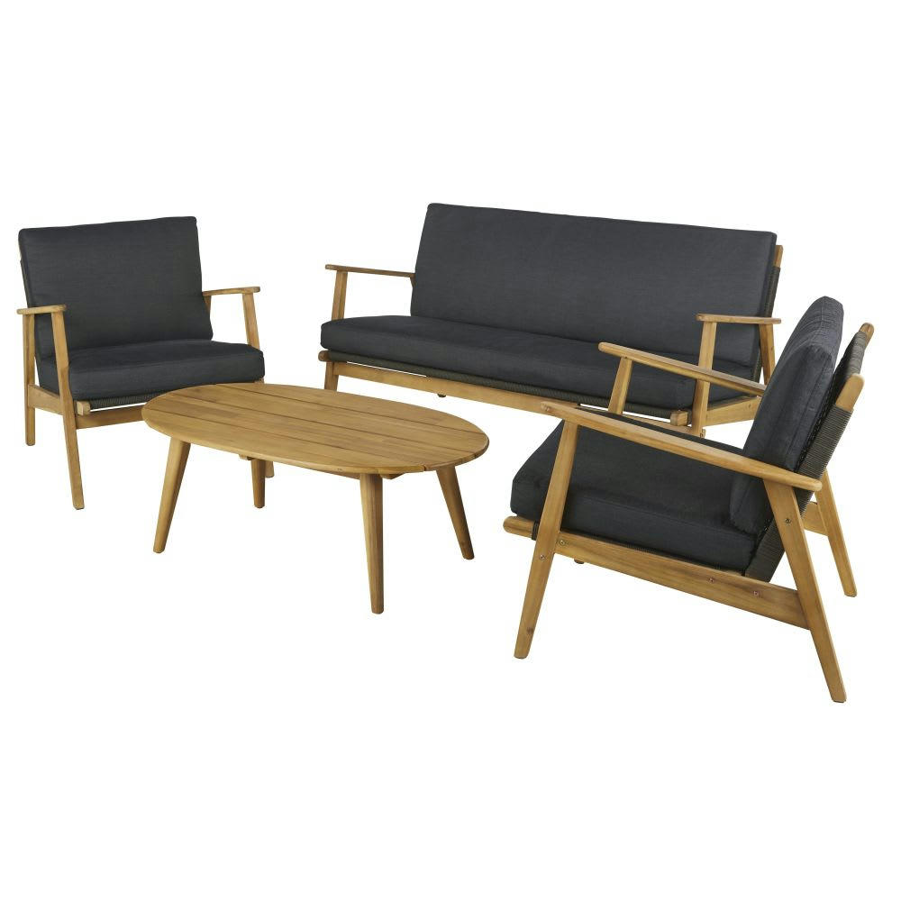 Bargane - Salon de jardin 4 places en corde tressée gris anthracite et bois d'acacia massif