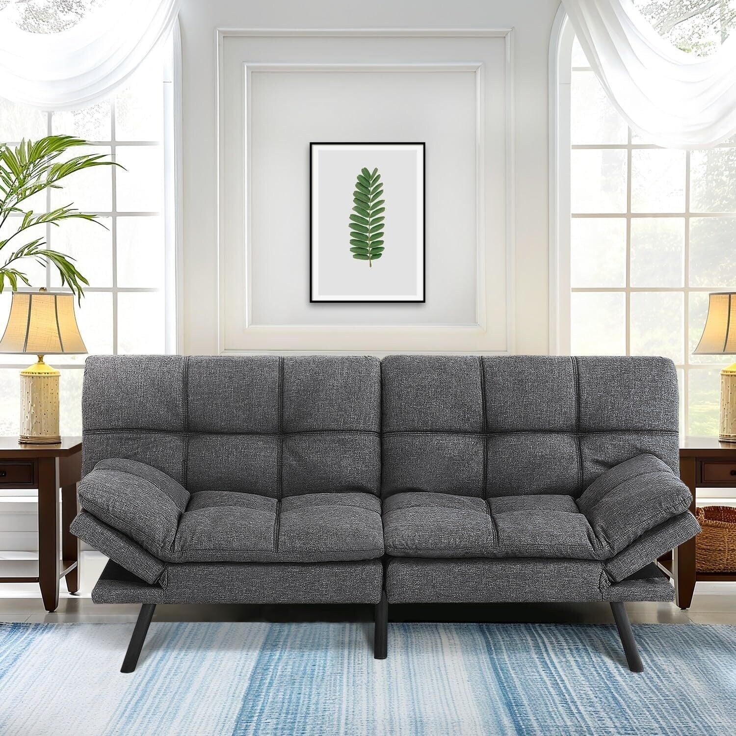 71 in. Dark Grey/Black Linen Fabric Twin Size Memory Foam Convertible Futon Sofa Bed for Living Room