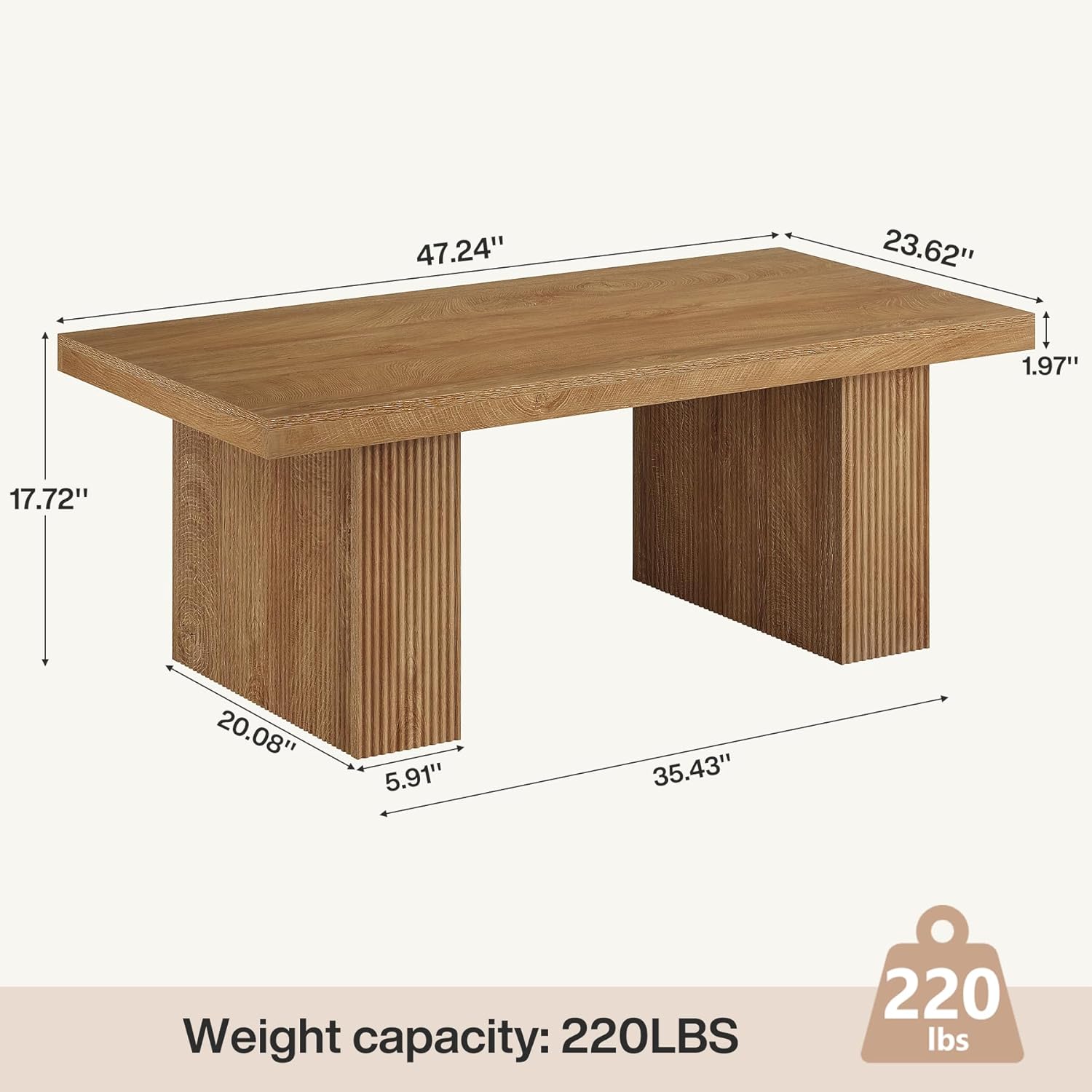 Tribesigns Farmhouse Coffee Table, 47.24 Inch Rectangle Center Table with Large Tabletop & Thick Base, Rustic Wooden Furniture for Living Room, Apartment, Reception Areas, Brown