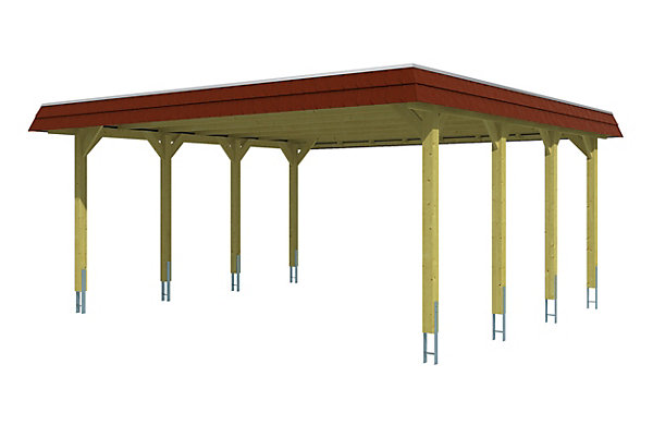 Carport SKAN HOLZ Spreewald 585x589cm, planches de toit et EPDM, bandeau rouge, bois résineux imprégné vert