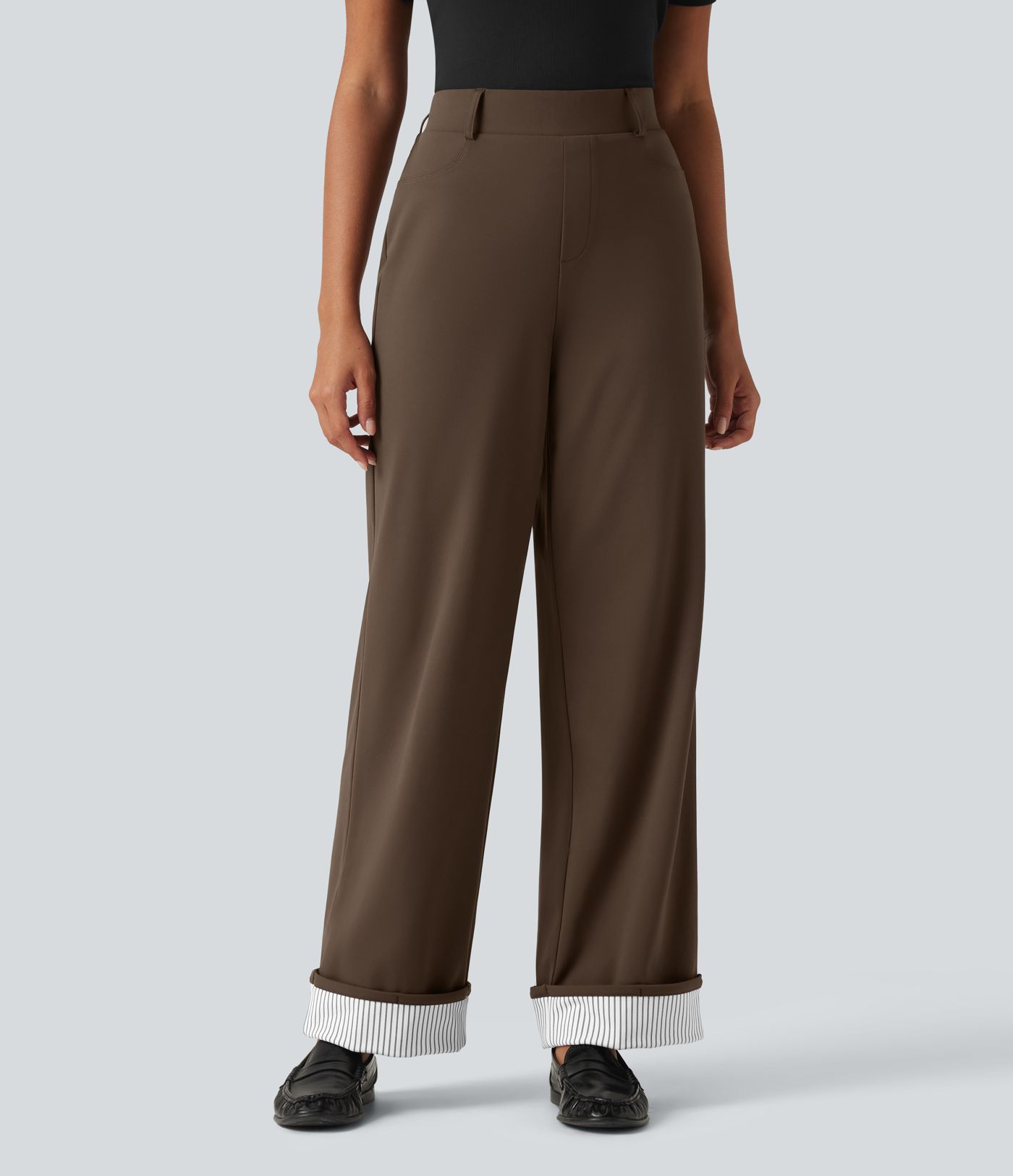 Pantalon droit DayStretch taille haute à rayures et ourlet retroussé avec poches