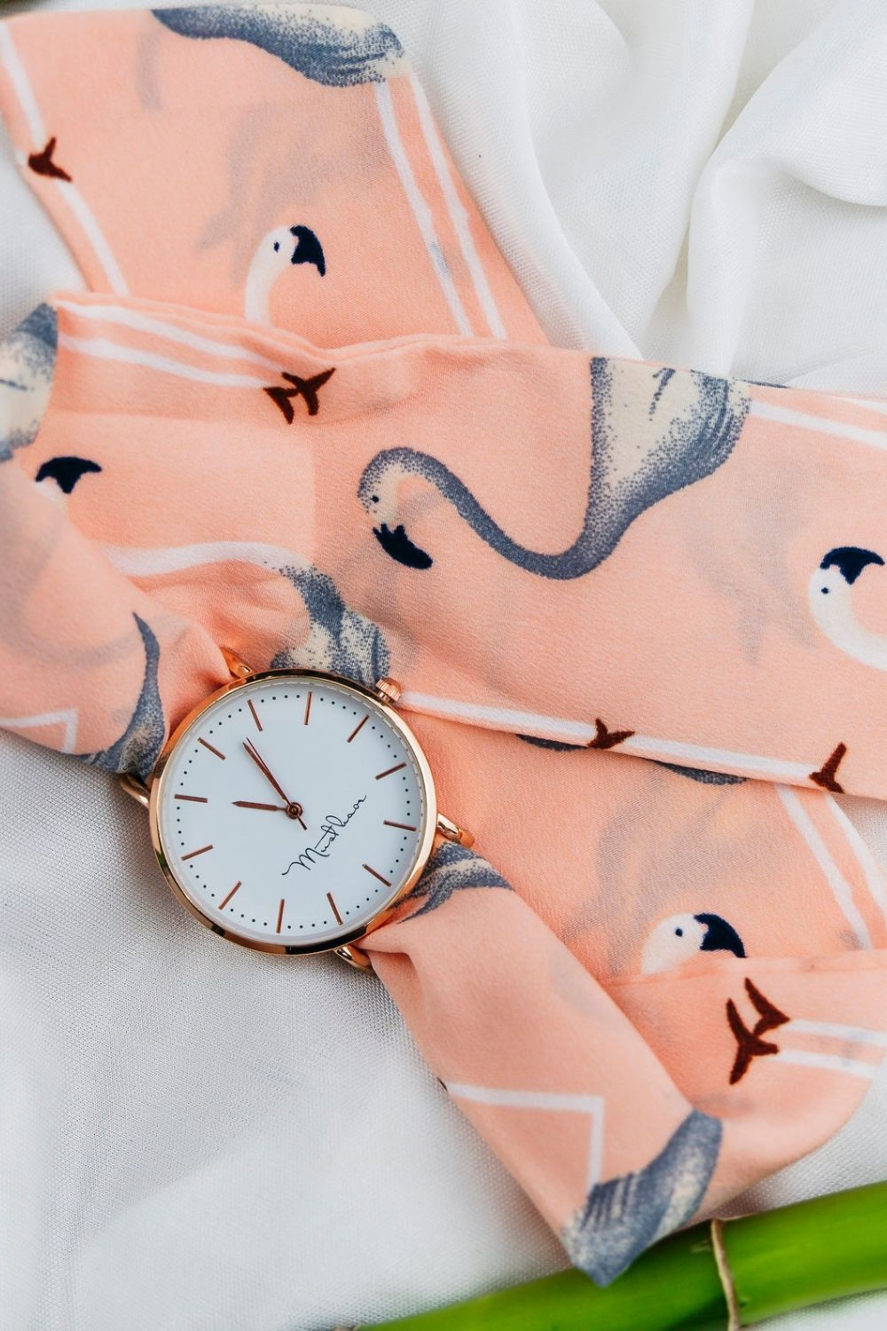 The Colourful Aura Peach Swan Changeable Fabric Strap Knot Tie Boho Wristwatch